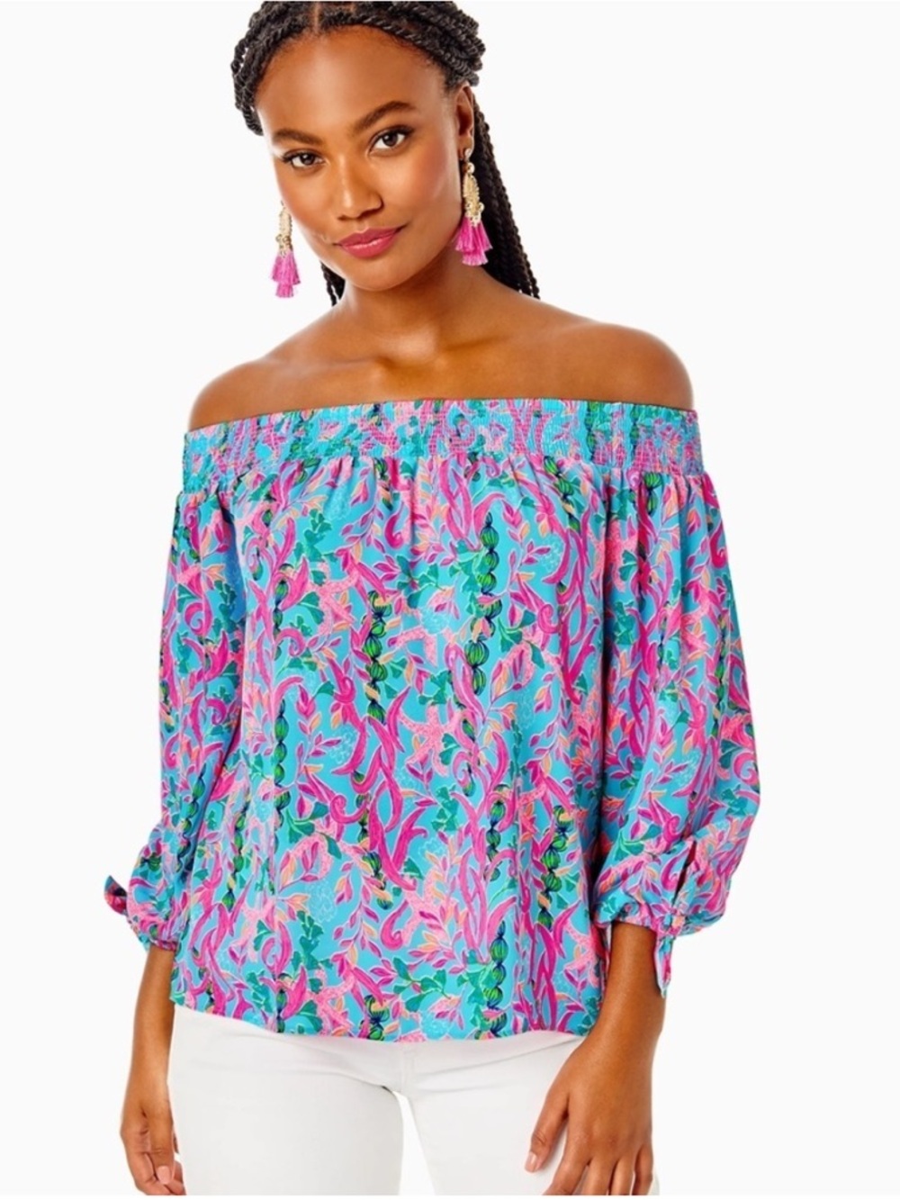 Lilly Pulitzer Maryellen Teal & Pink Off Shoulder Multi Seaweed Samba Top - XS